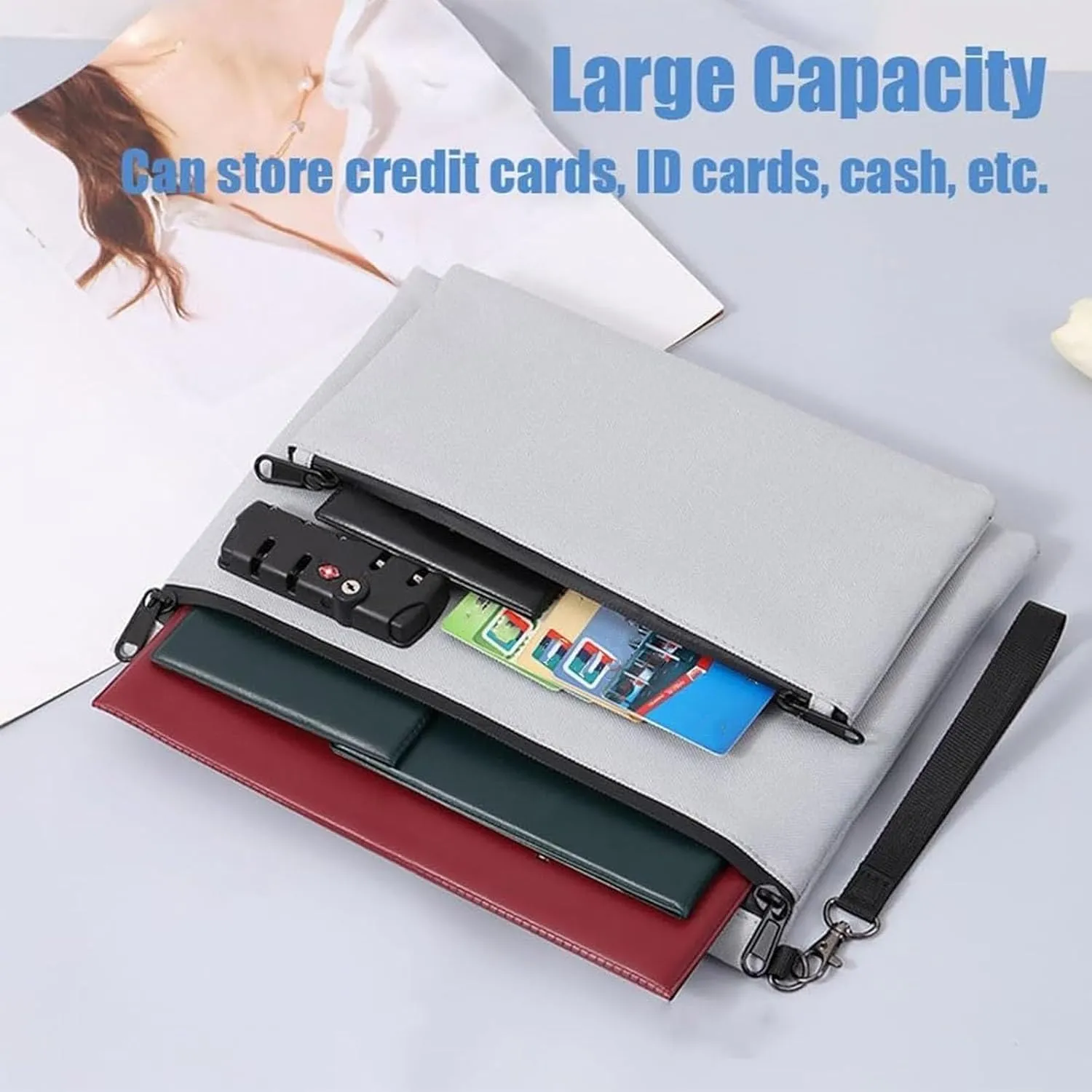 Travel Lock Bag, Money Bag with Lock and Zipper, Double Layer Anti-Theft Cash Certificates Organizer (White)