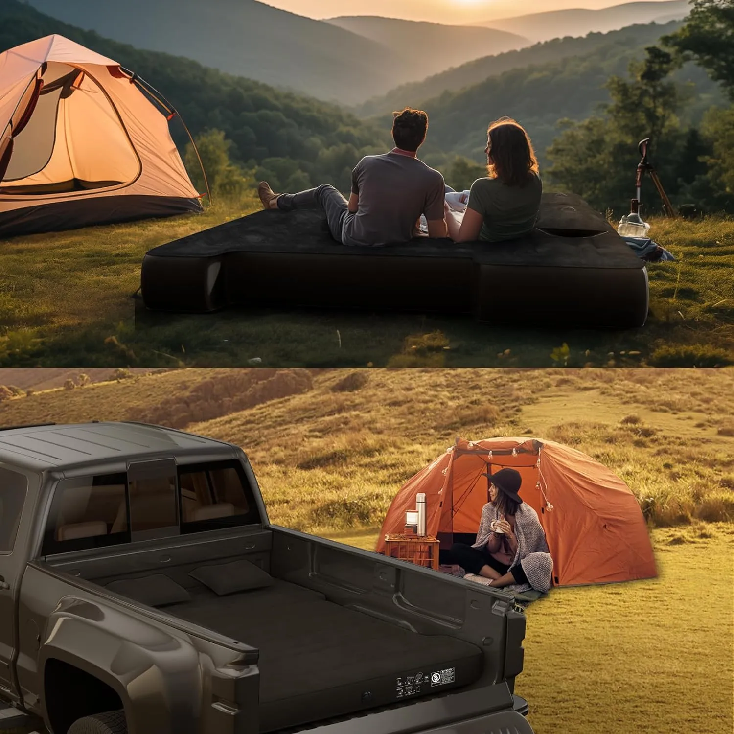 Truck Bed Air Mattress, Full Size Truck Beds, Inflatable Air Mattress Bed with Air Pump 2 Pillows, Carry Bag, Pickup Bed Air Mattress for Chevrolet Silverado, Dodge Ram, Ford, Black
