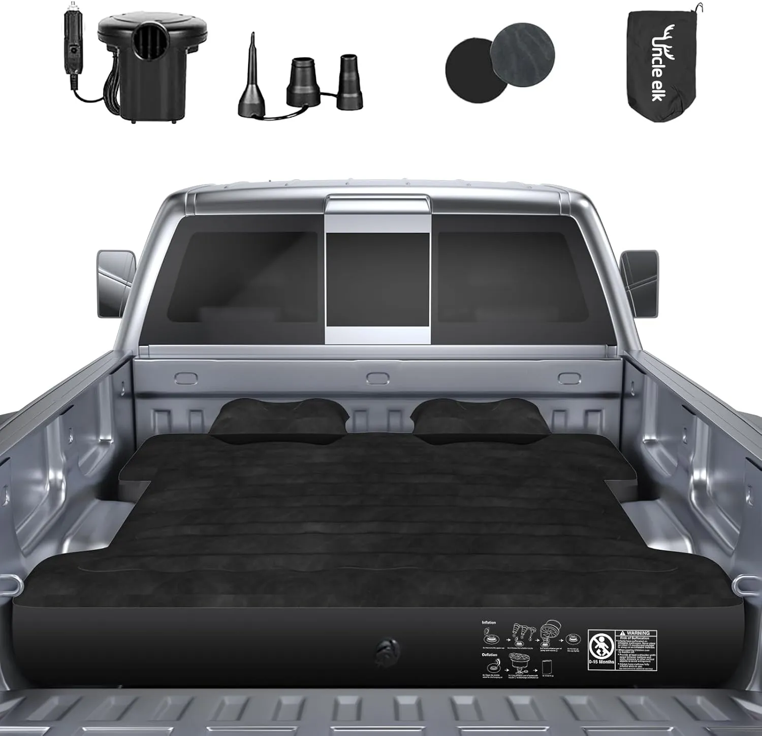Truck Bed Air Mattress, Full Size Truck Beds, Inflatable Air Mattress Bed with Air Pump 2 Pillows, Carry Bag, Pickup Bed Air Mattress for Chevrolet Silverado, Dodge Ram, Ford, Black