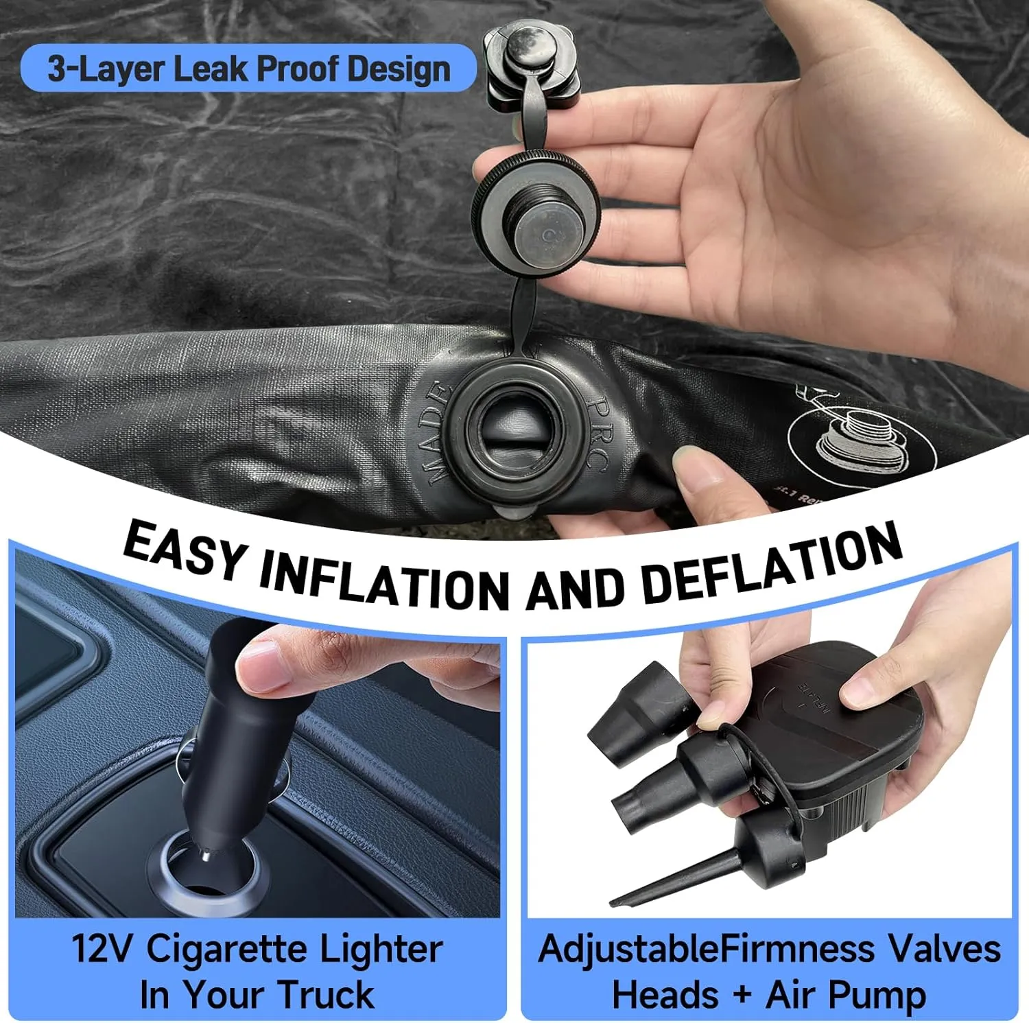 Truck Bed Air Mattress, Full Size Truck Beds, Inflatable Air Mattress Bed with Air Pump 2 Pillows, Carry Bag, Pickup Bed Air Mattress for Chevrolet Silverado, Dodge Ram, Ford, Black