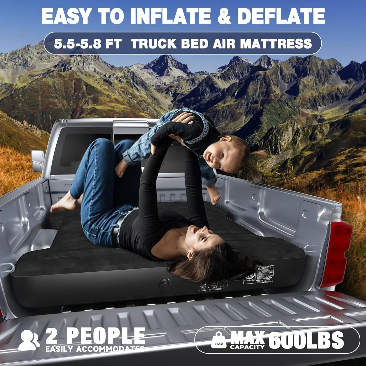 Truck Bed Air Mattress, Full Size Truck Beds, Inflatable Air Mattress Bed with Air Pump 2 Pillows, Carry Bag, Pickup Bed Air Mattress for Chevrolet Silverado, Dodge Ram, Ford, Black