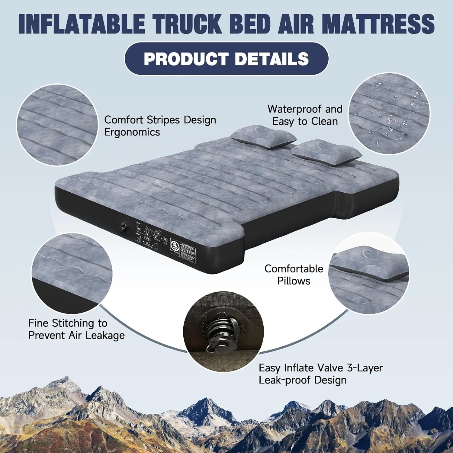 Truck Bed Mattress for Camping: Inflatable Air Mattress for 5.5-5.8ft Short Truck Bed 2 Person, Air Pump 2 Pillows, Carry Bag