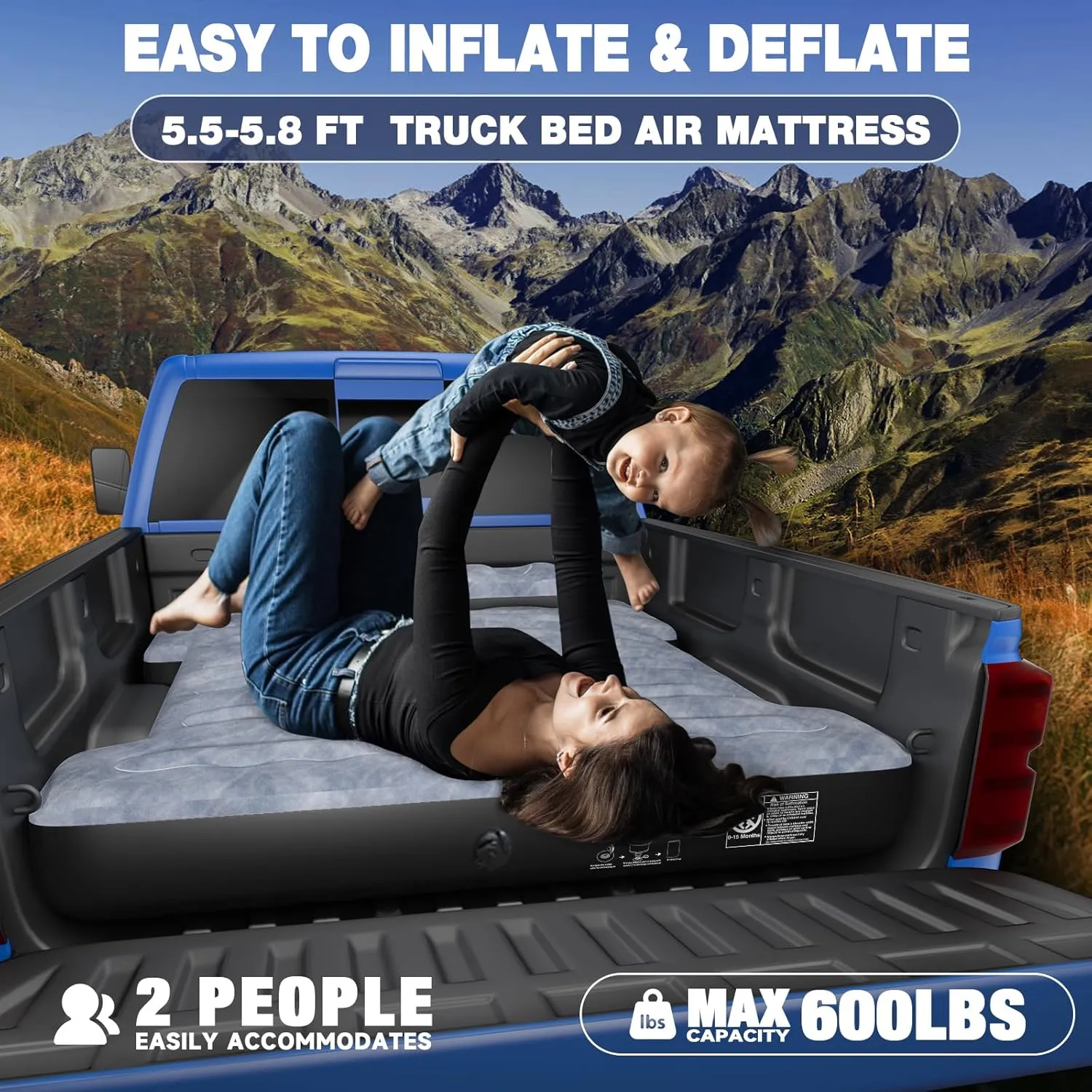 Truck Bed Mattress for Camping: Inflatable Air Mattress for 5.5-5.8ft Short Truck Bed 2 Person, Air Pump 2 Pillows, Carry Bag