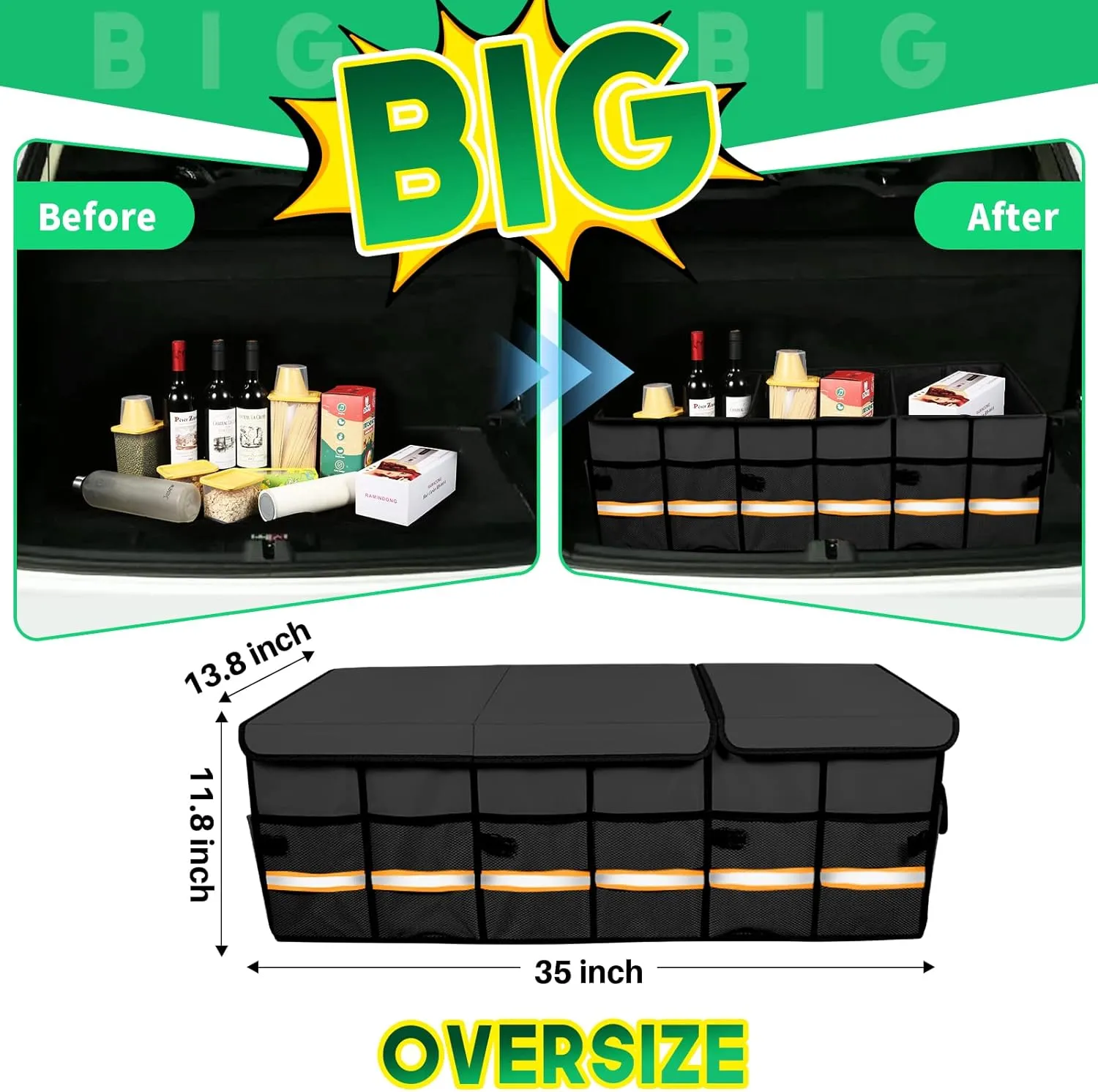 Trunk Organizer Cargo Organizer Trunk Storage Waterproof Collapsible Durable Multi Compartments-((Oversize,Black)