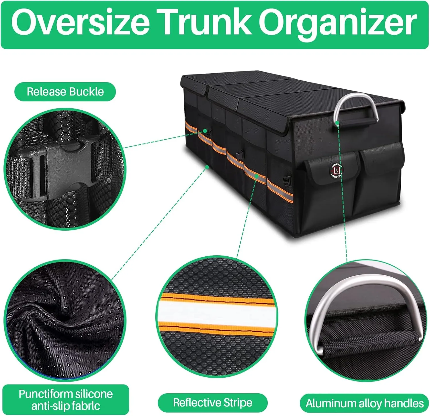 Trunk Organizer Cargo Organizer Trunk Storage Waterproof Collapsible Durable Multi Compartments-((Oversize,Black)