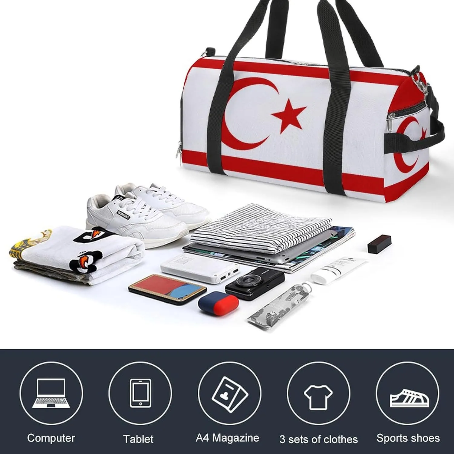Turkish Republic Northern Cyprus Flag Sports Gym Bag for Boys Girls with Wet Pocket Shoe Compartment