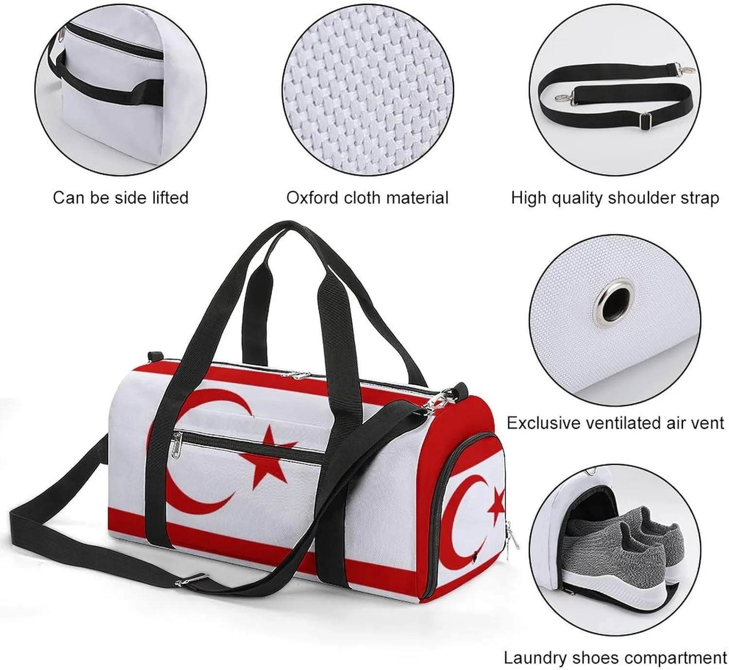Turkish Republic Northern Cyprus Flag Sports Gym Bag for Boys Girls with Wet Pocket Shoe Compartment