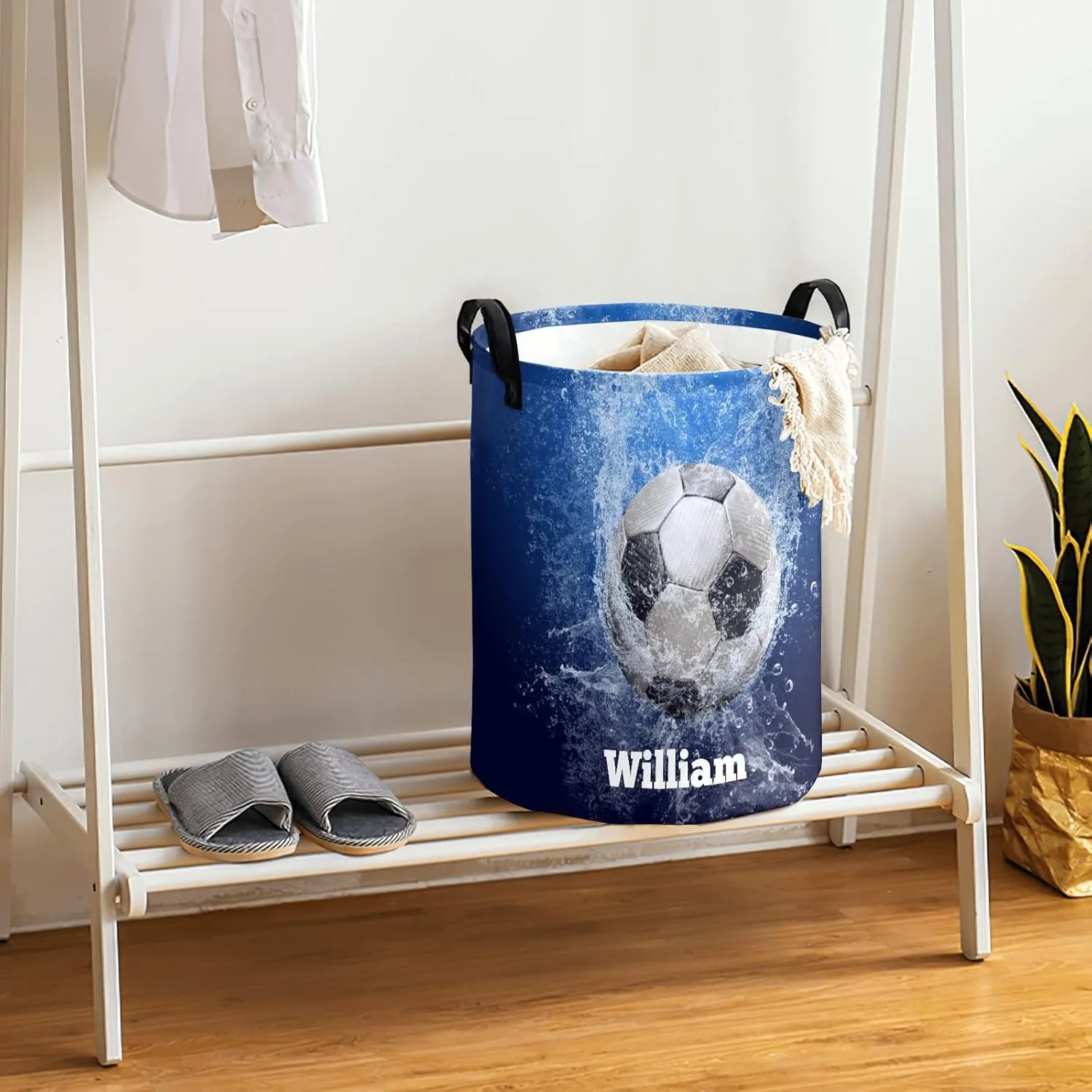 Underwater Soccer Ball Personalized Waterproof Foldable Laundry Basket Bag with Handle, Custom Collapsible Clothes Hamper Storage Bin for Toys Laundry Dorm Travel Bathroom