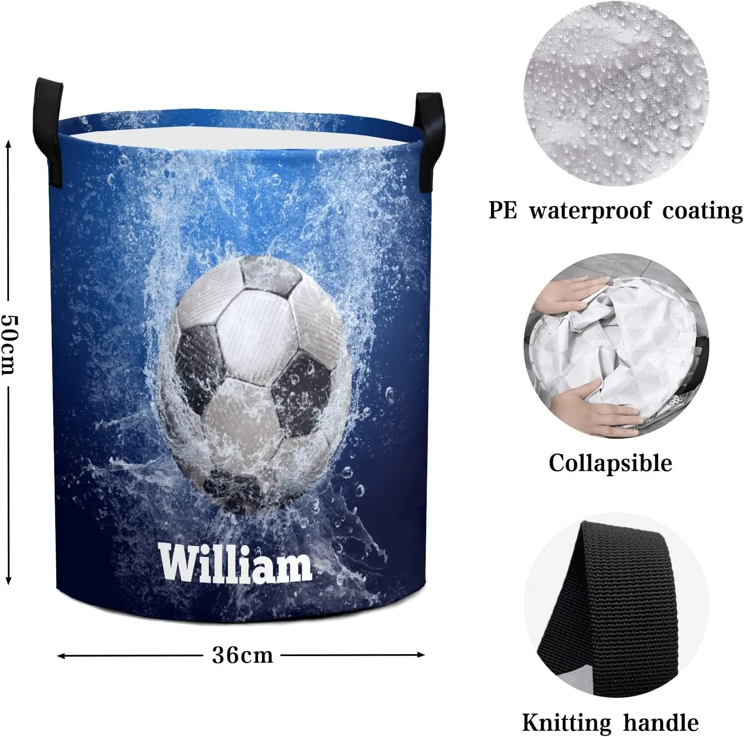 Underwater Soccer Ball Personalized Waterproof Foldable Laundry Basket Bag with Handle, Custom Collapsible Clothes Hamper Storage Bin for Toys Laundry Dorm Travel Bathroom