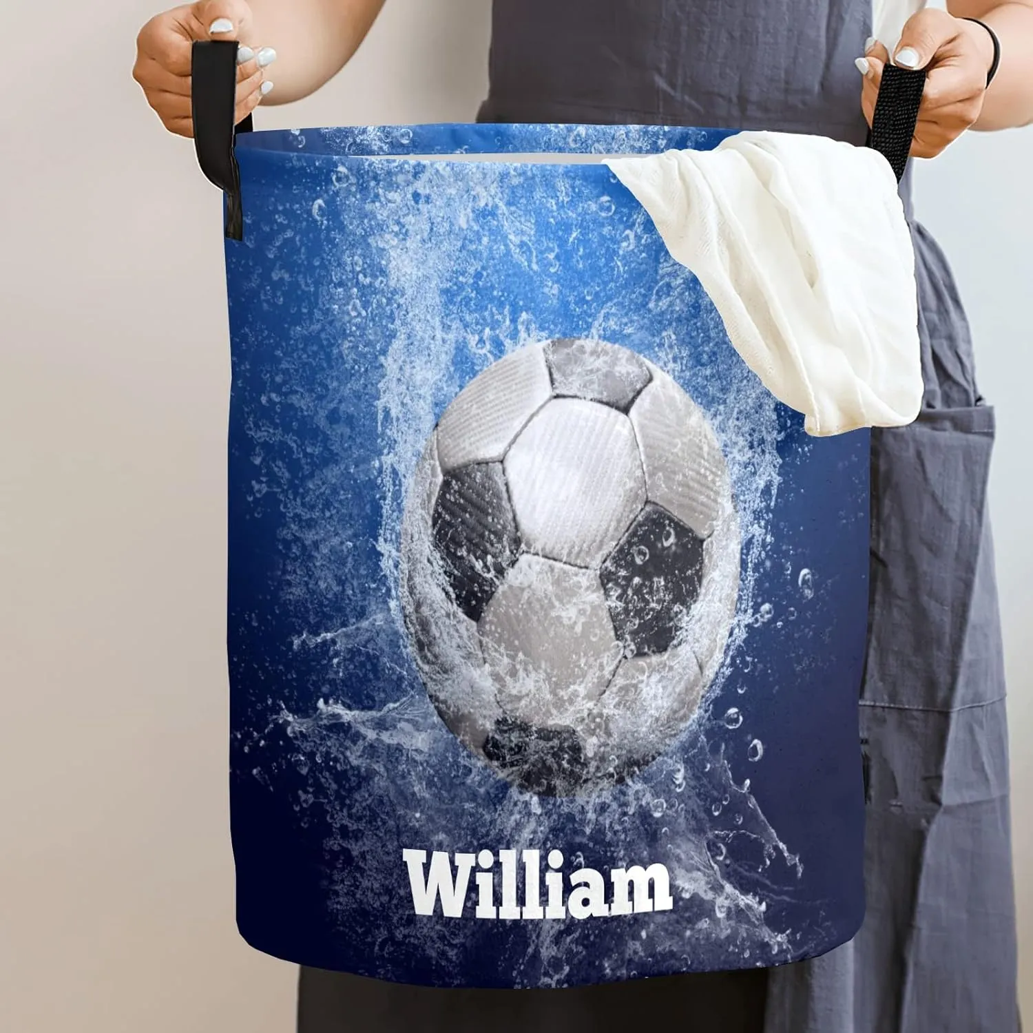 Underwater Soccer Ball Personalized Waterproof Foldable Laundry Basket Bag with Handle, Custom Collapsible Clothes Hamper Storage Bin for Toys Laundry Dorm Travel Bathroom