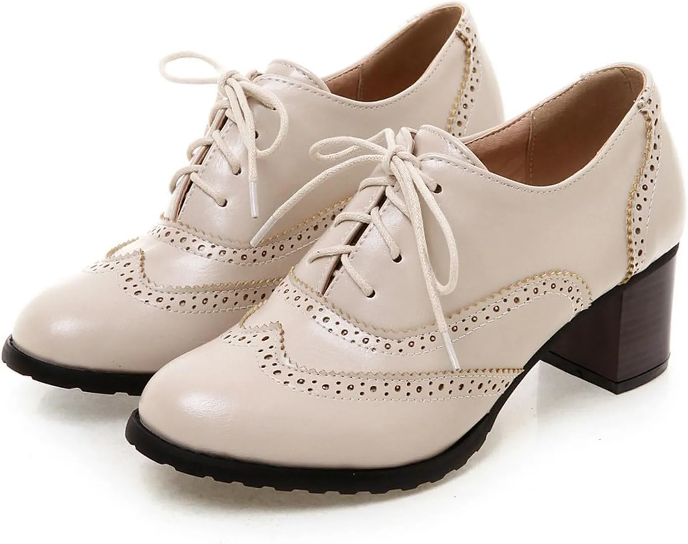 Uniquelly Women's Lace up Oxfords Vintage Brogues Shoes Round Toe Stacked Heel Wingtip Oxford Shoes Chunky Block Heels Retro Saddle Shoes Pumps