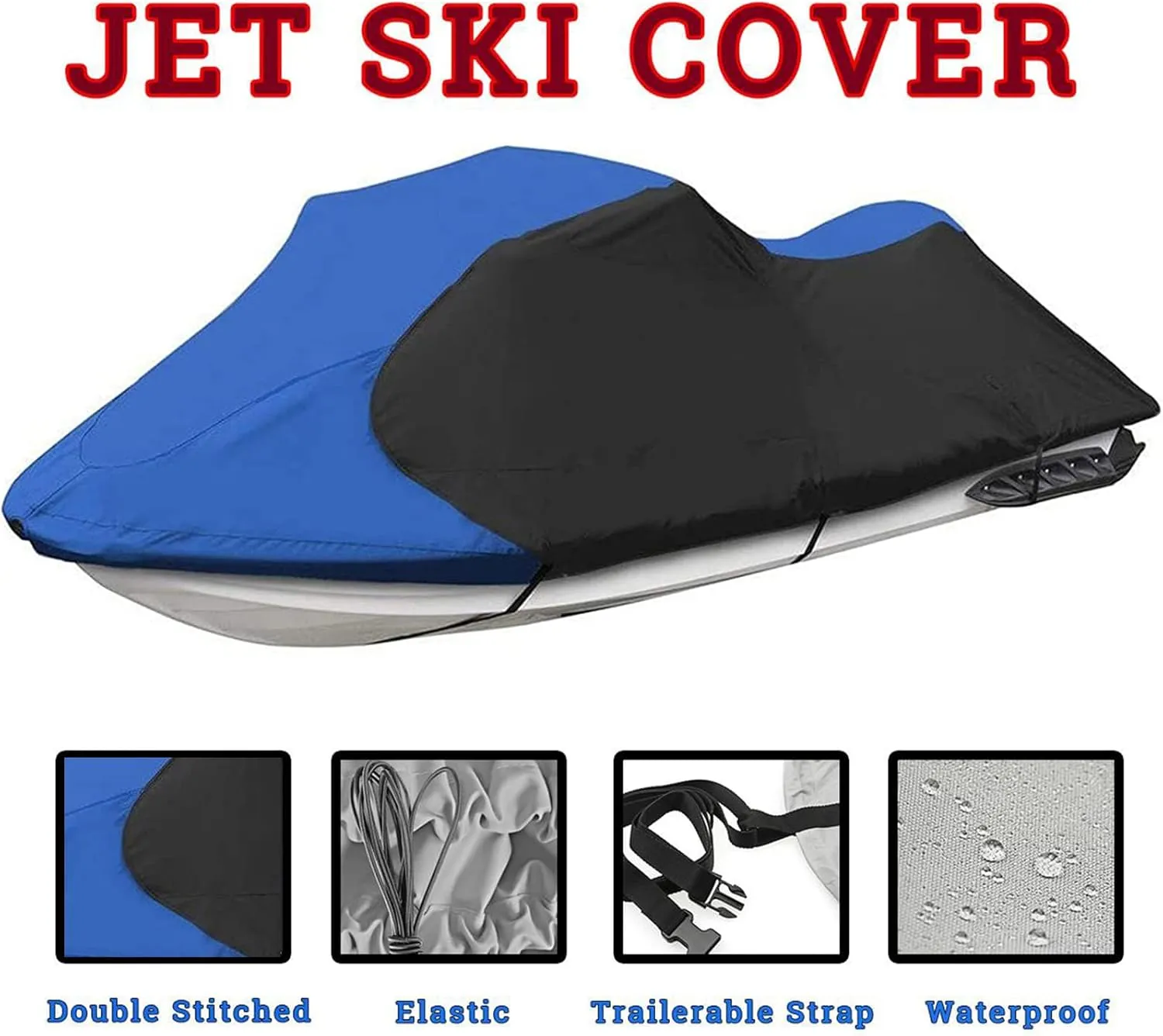 Universal Jet Ski Cover 1-3 Seater, 600D Duty Oxford PU Waterproof UV Proof Trailerable Jet Ski Covers for Yamaha SeaDoo and Kawasaki Models,Black,M:109"~120"