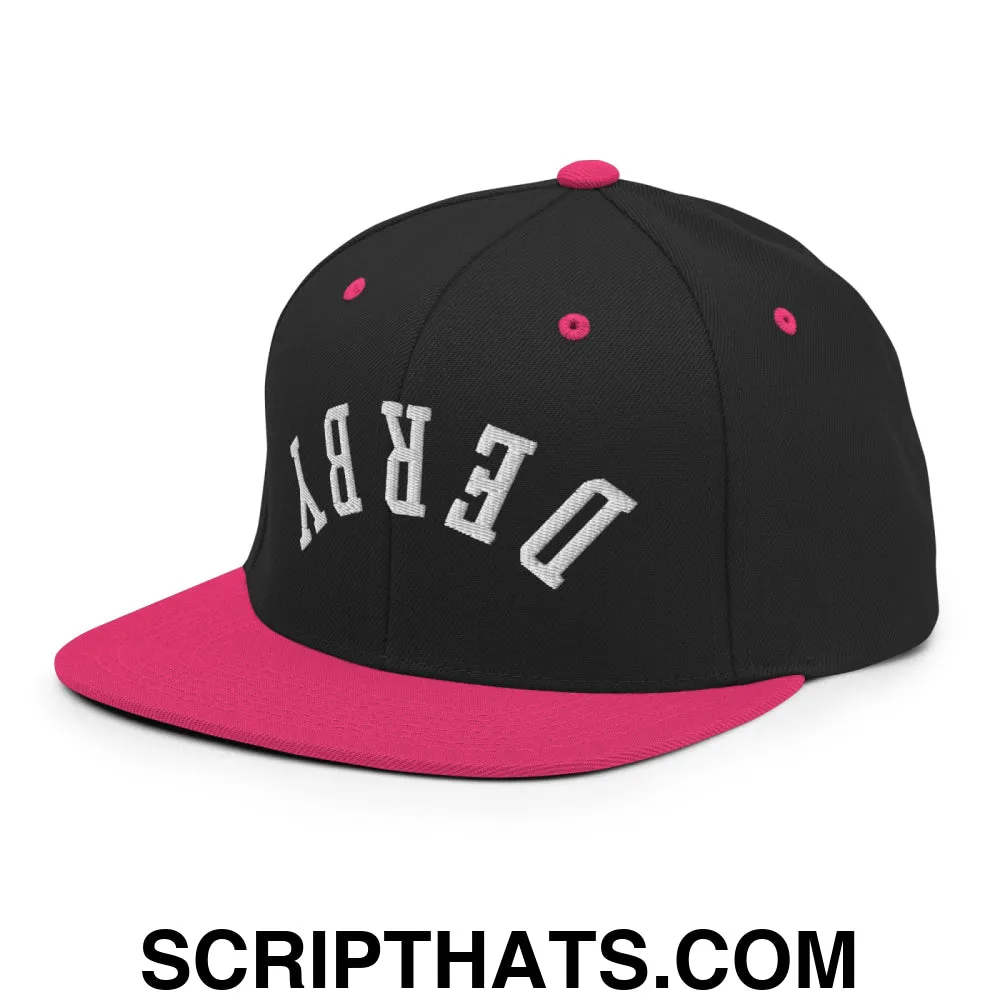 Upside Down Derby Embroidered Flat Bill Brim Snapback Hat