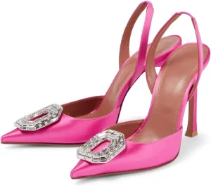 Vertundy Women's Rhinestone Slingback Pumps Pointed Toe Satin Crystal Stiletto High Heels Sandals Party Wedding Bride Pump Dress Shoes Hot Neon Pink