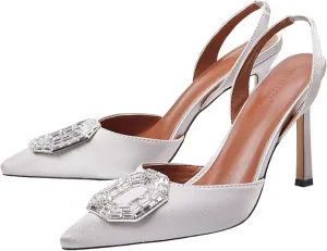 Vertundy Women's Rhinestone Slingback Pumps Pointed Toe Satin Crystal Stiletto High Heels Sandals Party Wedding Bride Pump Dress Shoes
