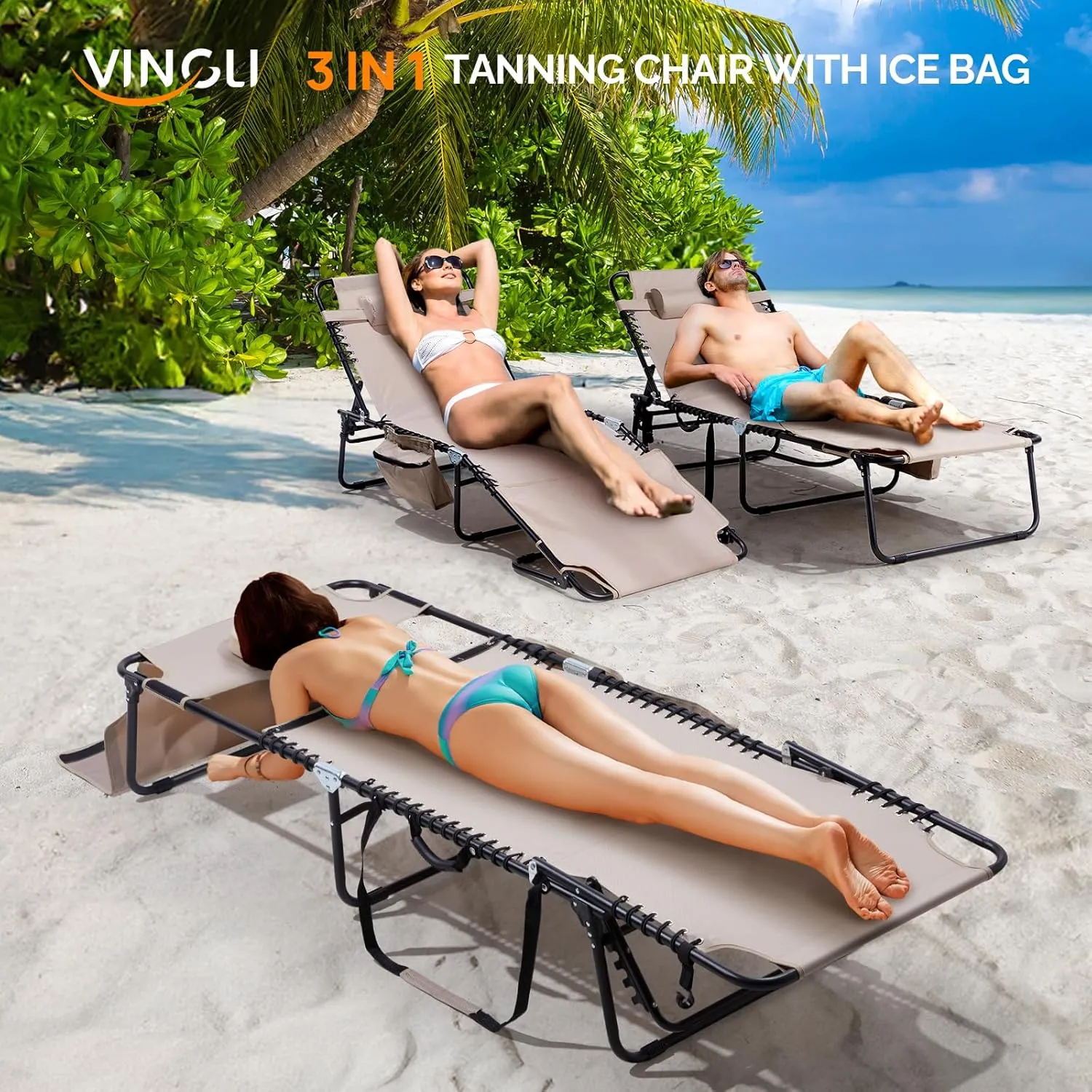 VINGLI Oversized Tanning Chair with Face Hole & Carrying Bag, Beach Lounge Chair Outdoor for Adults, Folding Lounge Chair for Sun Tanning, Laying Out Chairs for Tanning Lounger Outside, 475lbs, Beige