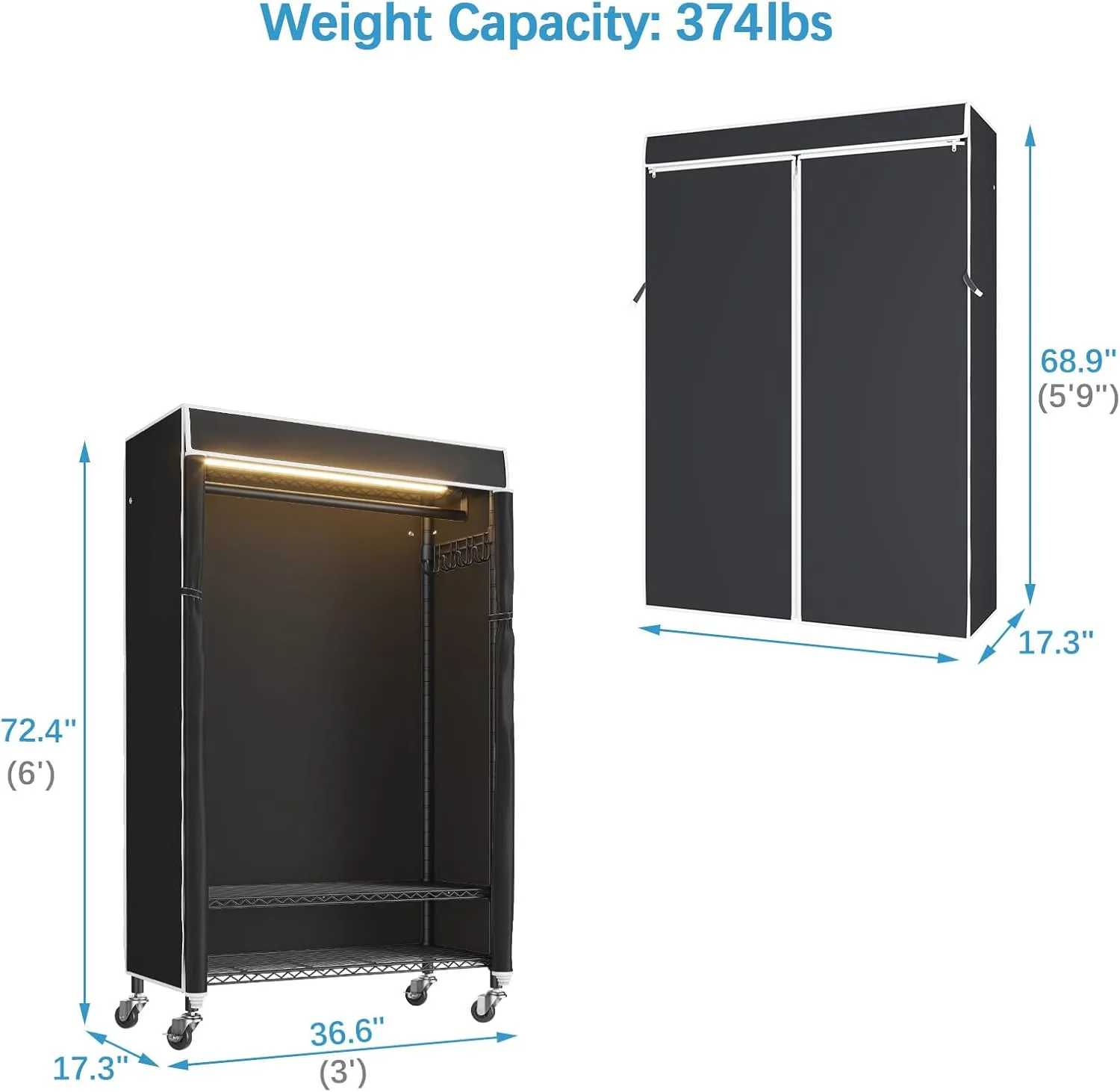 VIPEK R1LC Clothes Rack with Cover, Heavy Duty Garment Rack with Dimmable LED Lights, Rolling Portable Closet for Hanging Clothes Metal Clothing Rack with Wheels, Black Rack with Black Cover