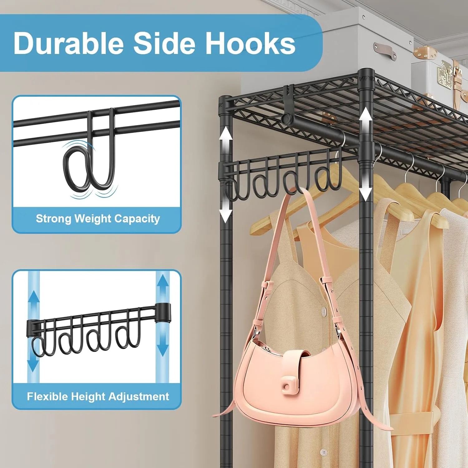 VIPEK R1LC Clothes Rack with Cover, Heavy Duty Garment Rack with Dimmable LED Lights, Rolling Portable Closet for Hanging Clothes Metal Clothing Rack with Wheels, Black Rack with Black Cover