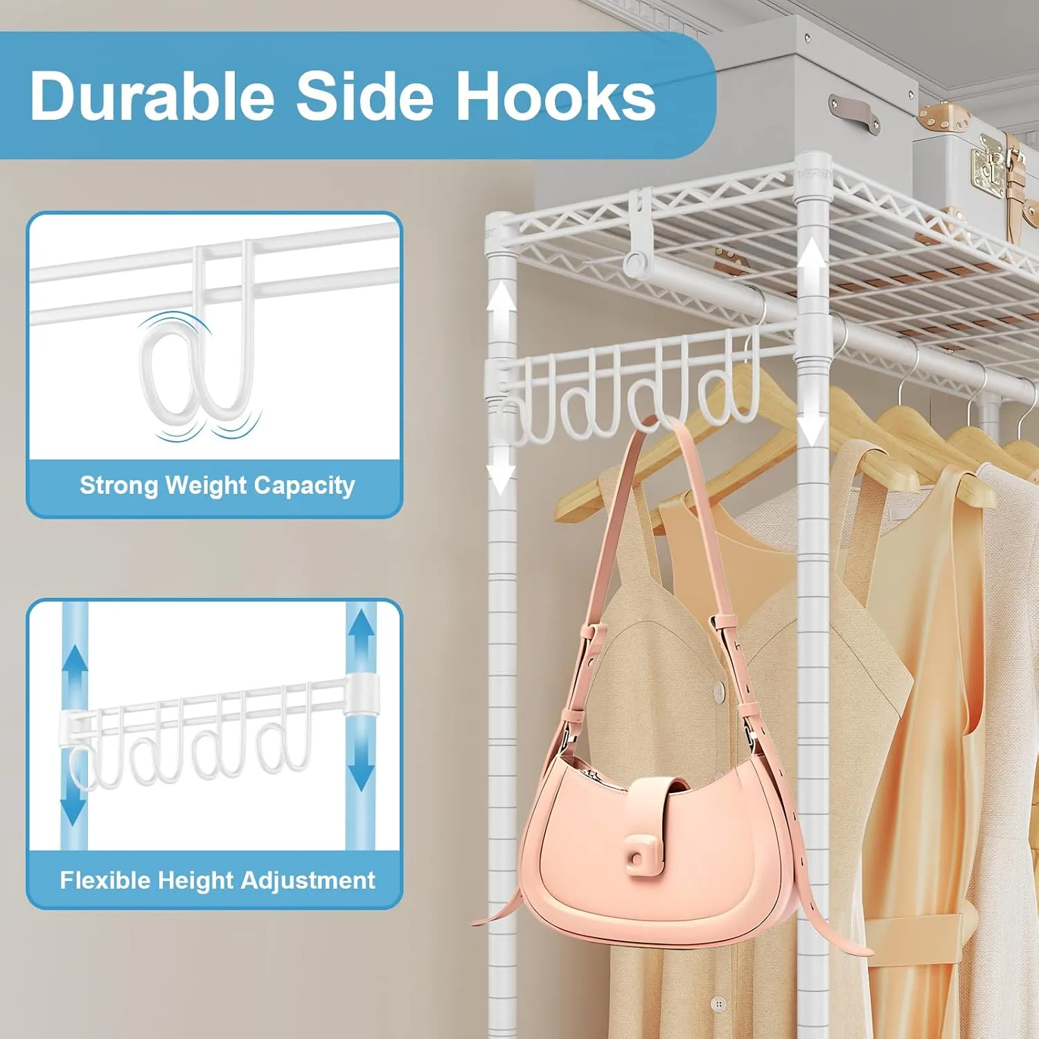 VIPEK R1LC Clothes Rack with Cover, Heavy Duty Garment Rack with Dimmable LED Lights, Rolling Portable Closet for Hanging Clothes Metal Clothing Rack with Wheels, White Rack with Grey Cover