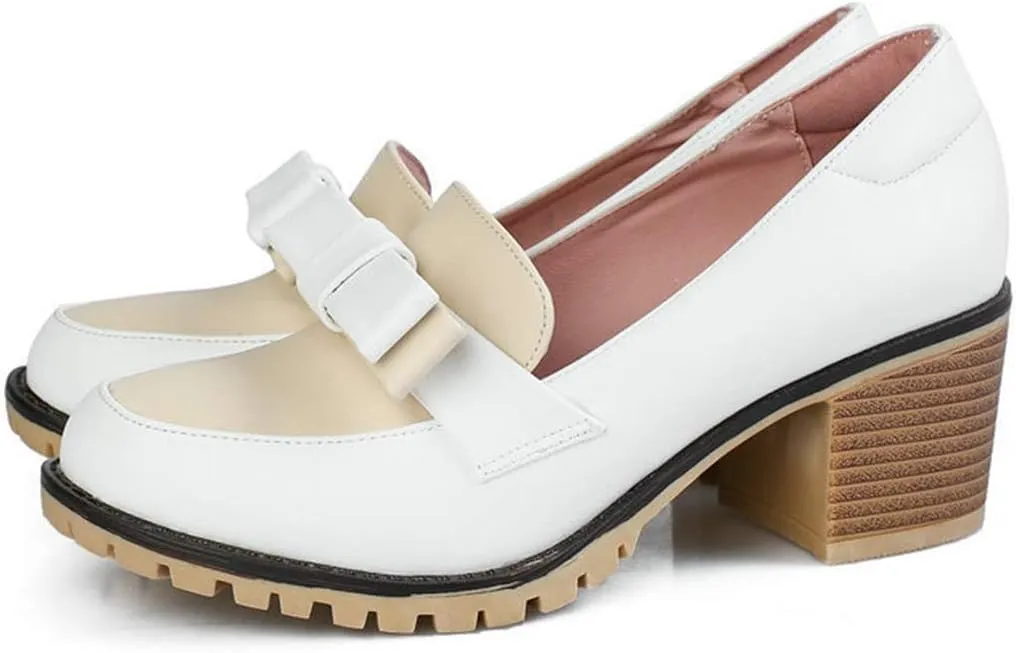 VOKLIN Women's Vintage Bow Slip On Pump Oxford Shoes Two Tone Wingtip Block Mid Heels Dress Oxfords Brogues