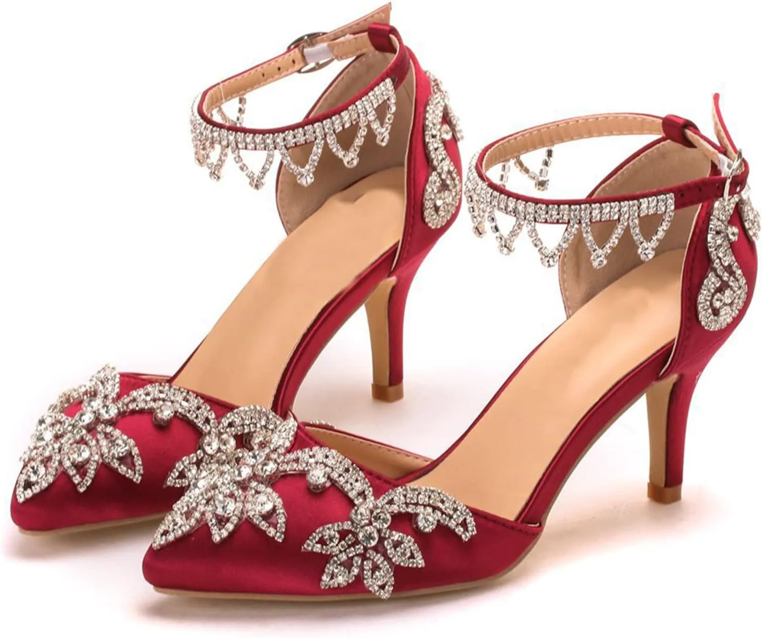 Vujkliy Women's High Heels Stiletto Pointed Toe Rhinestone Silk Satin Pump Buckle Sandals Sexy Banquet Wedding Dresses Long Dress 7Cm/2.7In Fashion Sandals