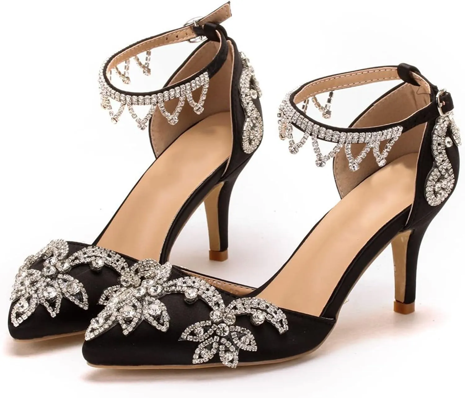 Vujkliy Women's High Heels Stiletto Pointed Toe Rhinestone Silk Satin Pump Buckle Sandals Sexy Banquet Wedding Dresses Long Dress 7Cm/2.7In Fashion Sandals
