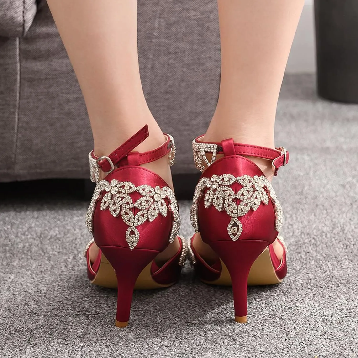 Vujkliy Women's High Heels Stiletto Pointed Toe Rhinestone Silk Satin Pump Buckle Sandals Sexy Banquet Wedding Dresses Long Dress 7Cm/2.7In Fashion Sandals