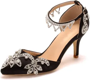 Vujkliy Women's High Heels Stiletto Pointed Toe Rhinestone Silk Satin Pump Buckle Sandals Sexy Banquet Wedding Dresses Long Dress 7Cm/2.7In Fashion Sandals
