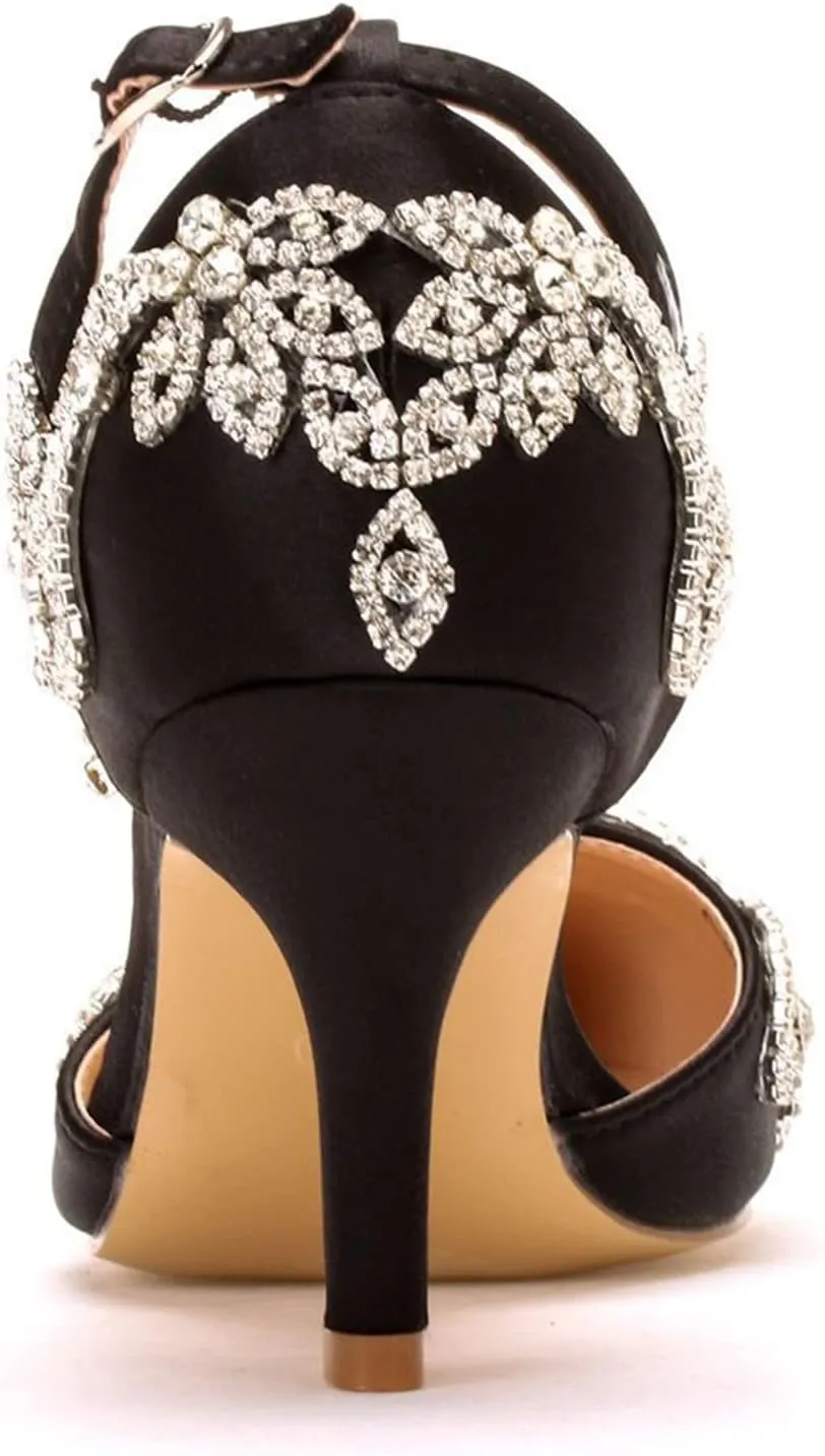Vujkliy Women's High Heels Stiletto Pointed Toe Rhinestone Silk Satin Pump Buckle Sandals Sexy Banquet Wedding Dresses Long Dress 7Cm/2.7In Fashion Sandals