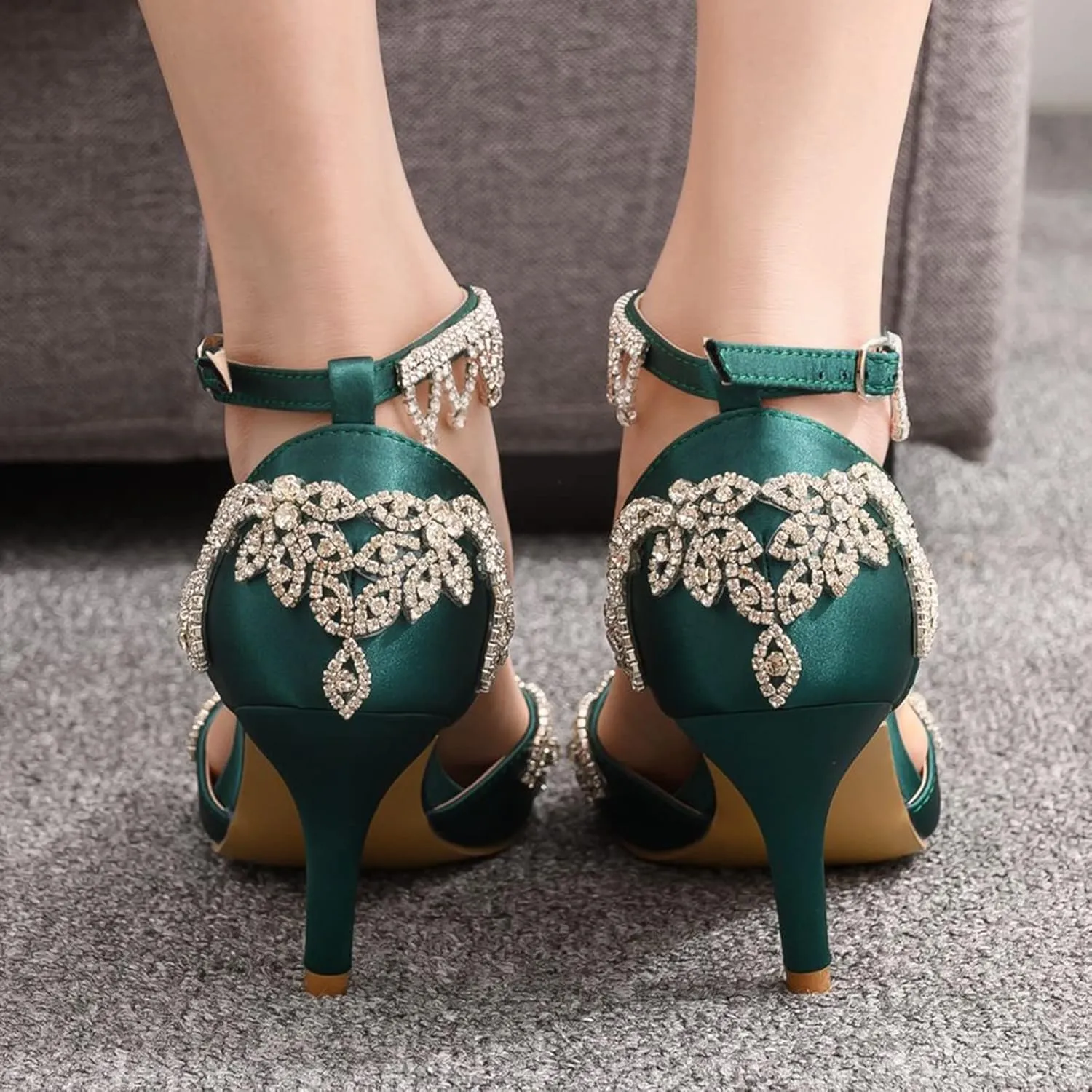 Vujkliy Women's High Heels Stiletto Pointed Toe Rhinestone Silk Satin Pump Buckle Sandals Sexy Banquet Wedding Dresses Long Dress 7Cm/2.7In Fashion Sandals
