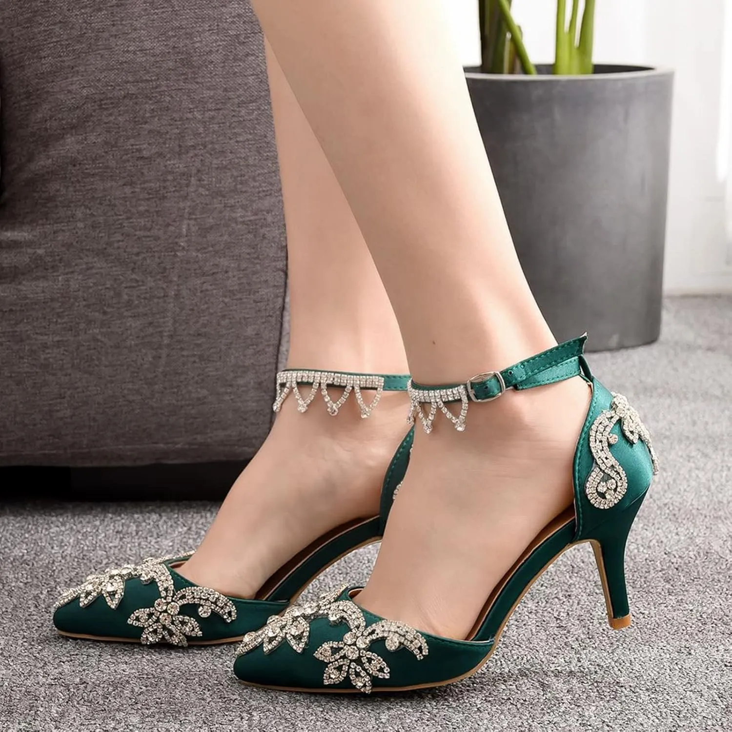 Vujkliy Women's High Heels Stiletto Pointed Toe Rhinestone Silk Satin Pump Buckle Sandals Sexy Banquet Wedding Dresses Long Dress 7Cm/2.7In Fashion Sandals