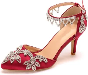 Vujkliy Women's High Heels Stiletto Pointed Toe Rhinestone Silk Satin Pump Buckle Sandals Sexy Banquet Wedding Dresses Long Dress 7Cm/2.7In Fashion Sandals