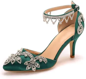 Vujkliy Women's High Heels Stiletto Pointed Toe Rhinestone Silk Satin Pump Buckle Sandals Sexy Banquet Wedding Dresses Long Dress 7Cm/2.7In Fashion Sandals
