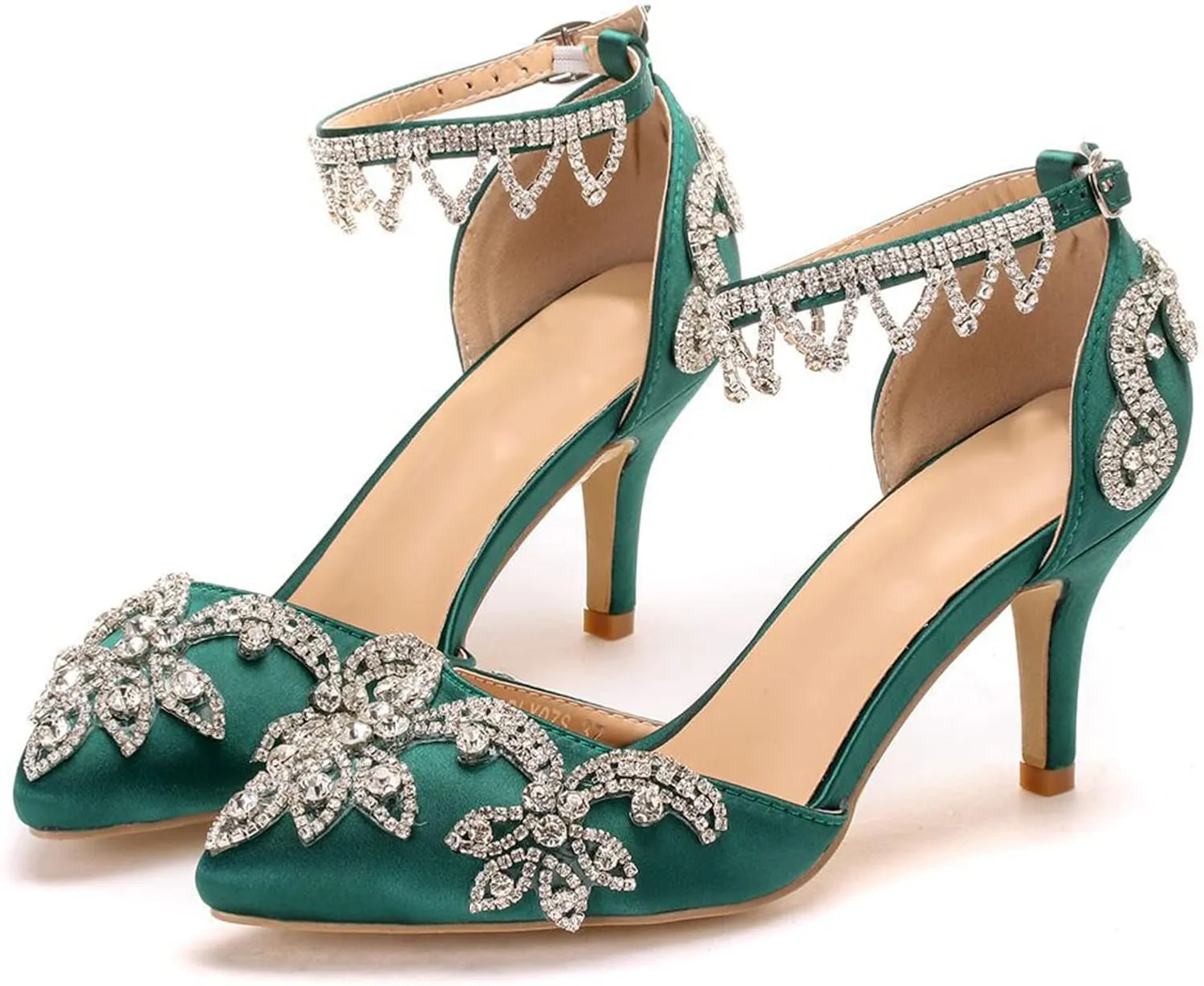 Vujkliy Women's High Heels Stiletto Pointed Toe Rhinestone Silk Satin Pump Buckle Sandals Sexy Banquet Wedding Dresses Long Dress 7Cm/2.7In Fashion Sandals