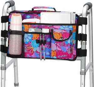 Walker Bag for Seniors-supregear Folding Walker Accessories Bag (Double Sided), Walker Basket Caddy Large Capacity Waterproof Tote with 9 Pockets and Cup Holder