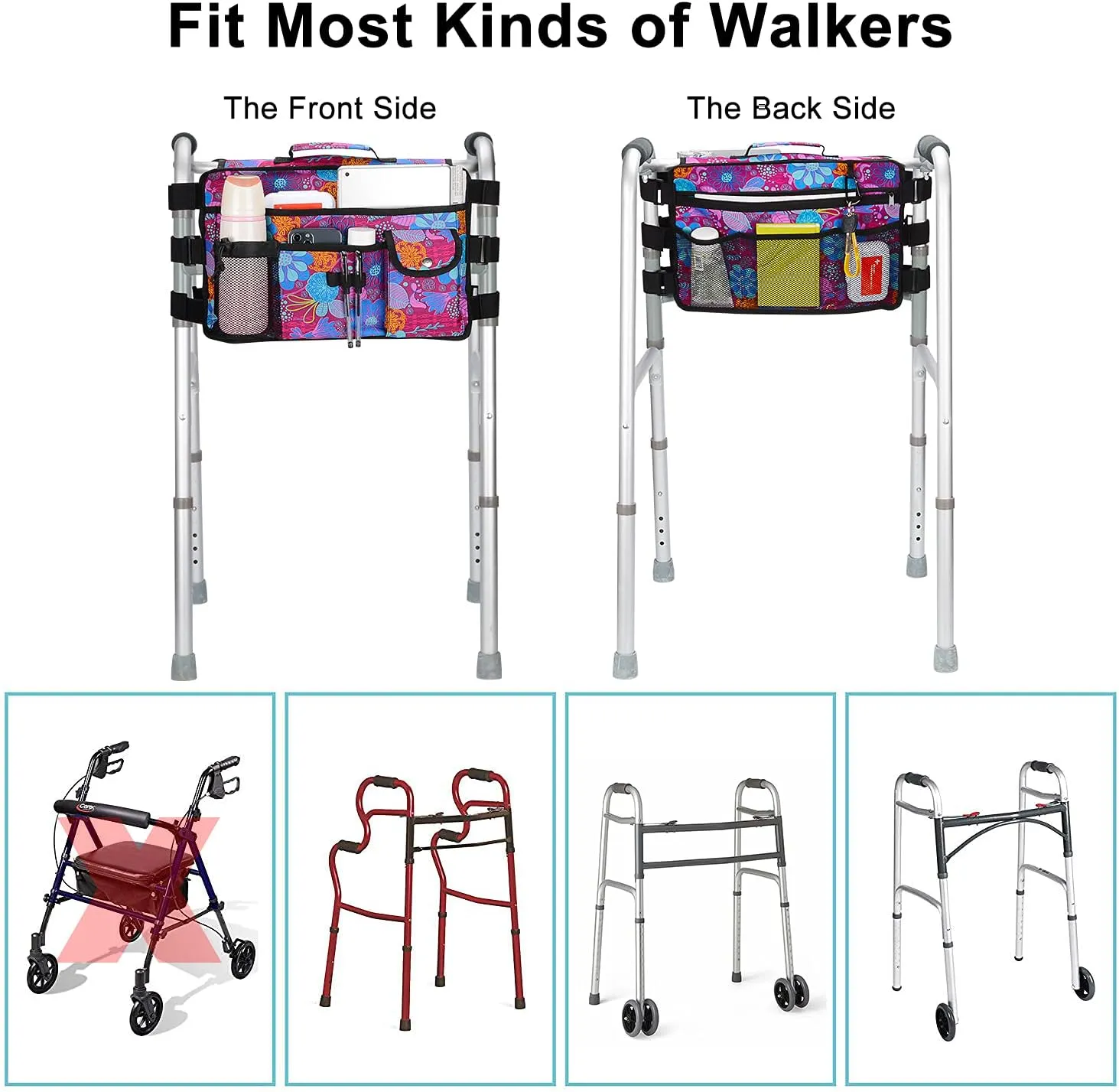Walker Bag for Seniors-supregear Folding Walker Accessories Bag (Double Sided), Walker Basket Caddy Large Capacity Waterproof Tote with 9 Pockets and Cup Holder