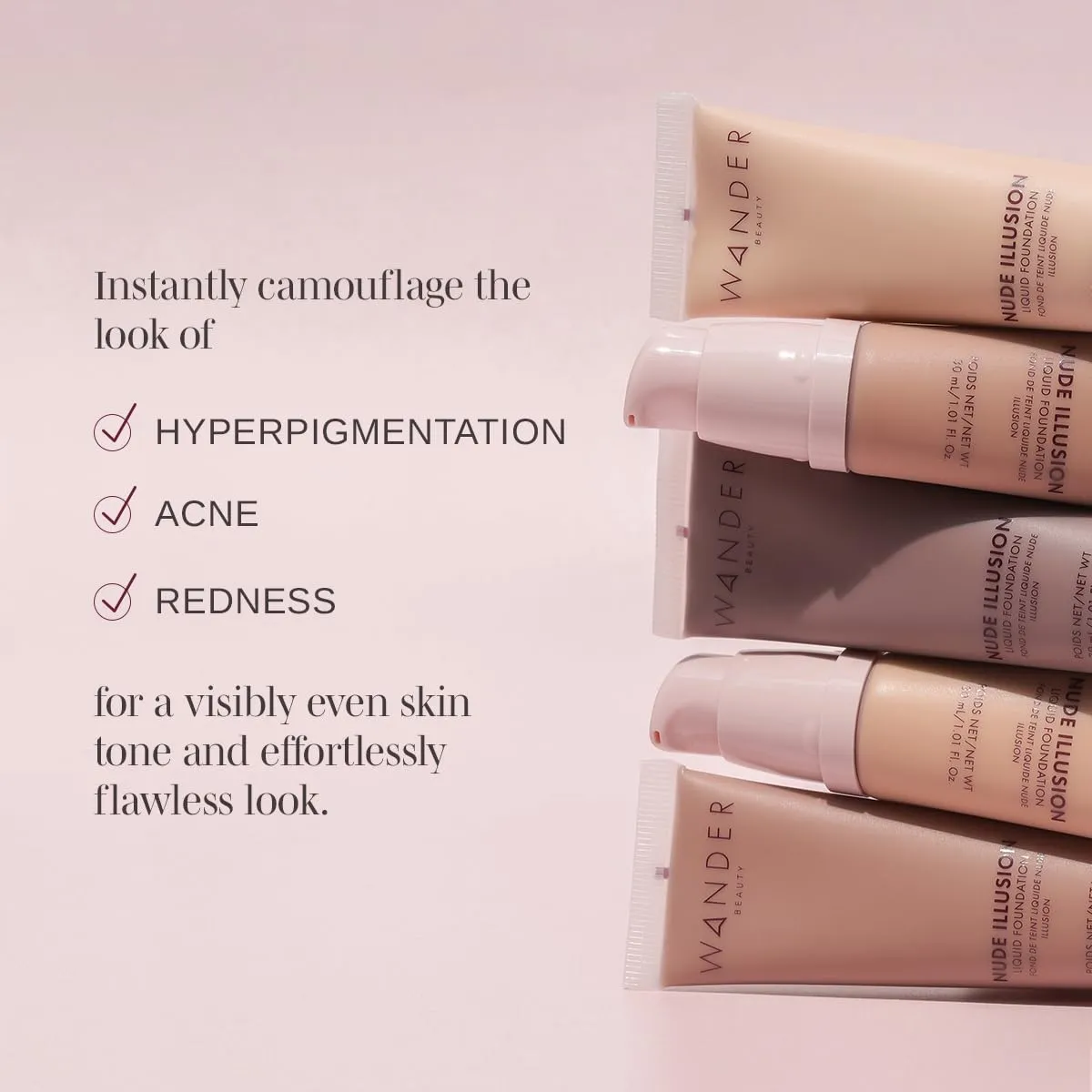 Wander Beauty Nude Illusion Liquid Foundation - Fair - Medium to Full Coverage Foundation - Natural Makeup with Vitamin E & Macadamia - Nude Skin Finish Blurs & Conceals - Travel-Friendly - 1.01 fl oz