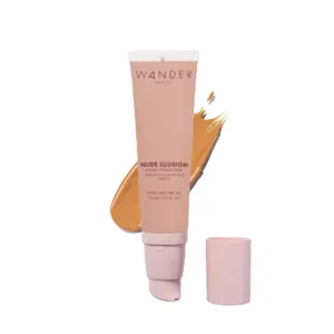 Wander Beauty Nude Illusion Liquid Foundation - Golden Tan - Medium to Full Coverage Foundation - Natural Makeup with Vitamin E & Macadamia - Nude Skin Finish Blurs & Conceals - 1.01 fl oz