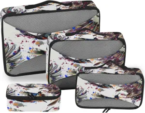 Watercolor Hummingbird Lily Flowers 4 PCs Set Packing Bags, Luggage Organizer Bag, Portable Cube Toiletry bag, Durable Travel Cosmetic Storage Bag for Men Women