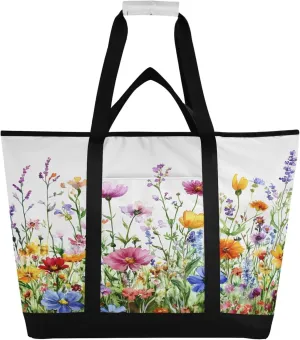 Watercolor Wildflower Reusable Insulated Cooler Bag with Ice Pack Compartment - Large 243L Waterproof Thermal Grocery Tote for Picnic Beach Camping Lunch Storage