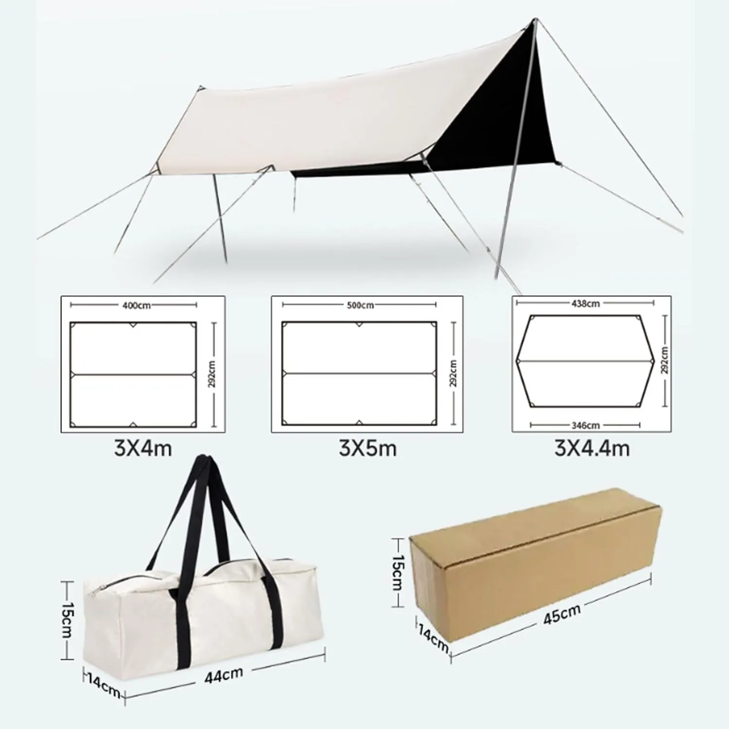 Waterproof Camping Tent Tarp - Portable Tarp Multifunctional Outdoor Camping Traveling Awning Backpacking Tarp Shelter Rain Tarp Including Tent Stakes and Carry Bag (Color : Ivory White, Siz