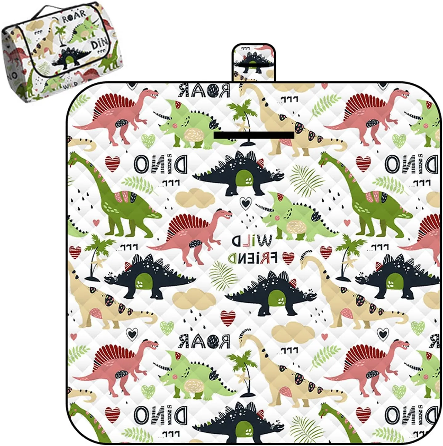 Waterproof Picnic Blanket 79"x 79" with Dinosaur Pattern, Portable Camping Mat Machine Washable Foldable, Thicker Ultrasonic Outdoor Beach Blanket for 6-8 People