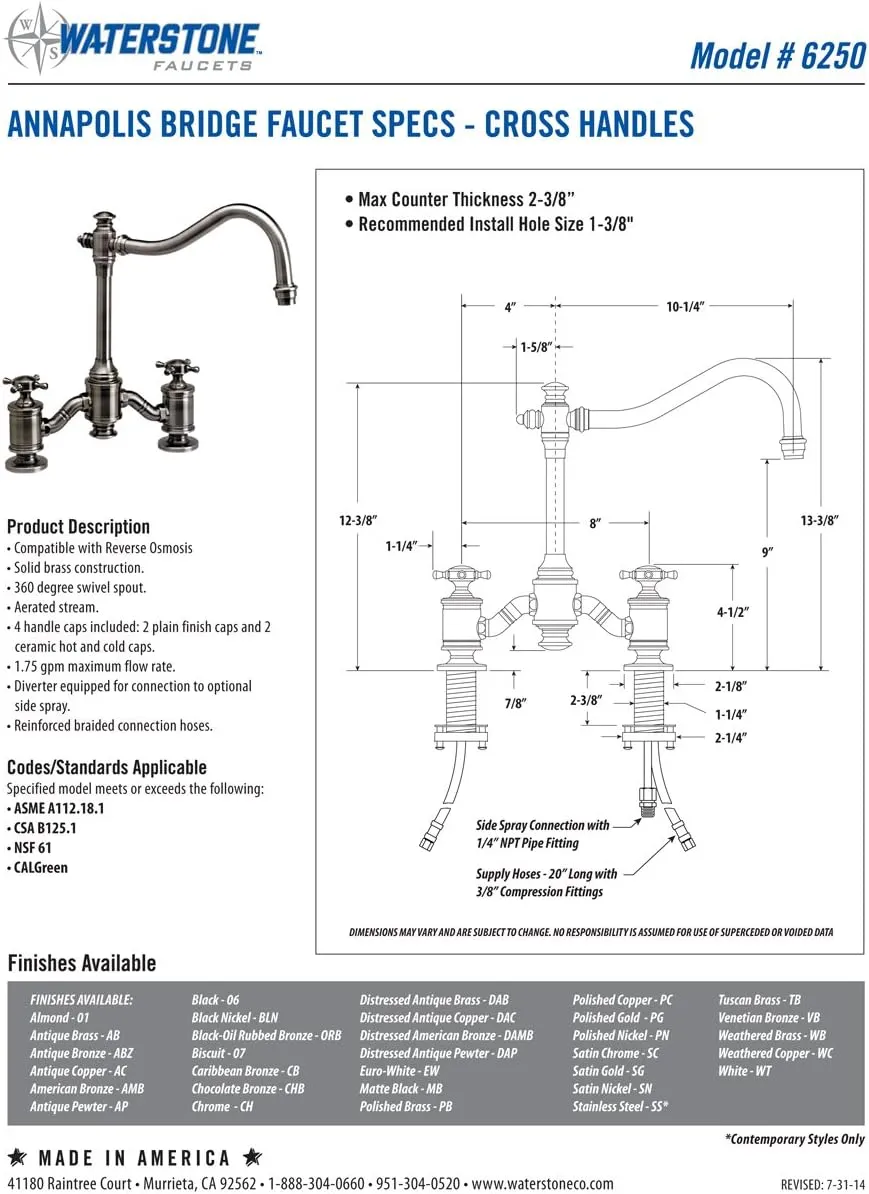 Waterstone 6250-3-SB Annapolis Bridge Faucet - Cross Handles 3pc. Suite Satin Brass