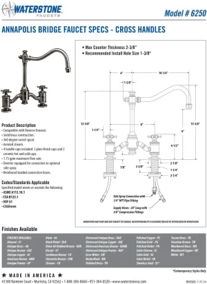 Waterstone 6250-3-SB Annapolis Bridge Faucet - Cross Handles 3pc. Suite Satin Brass