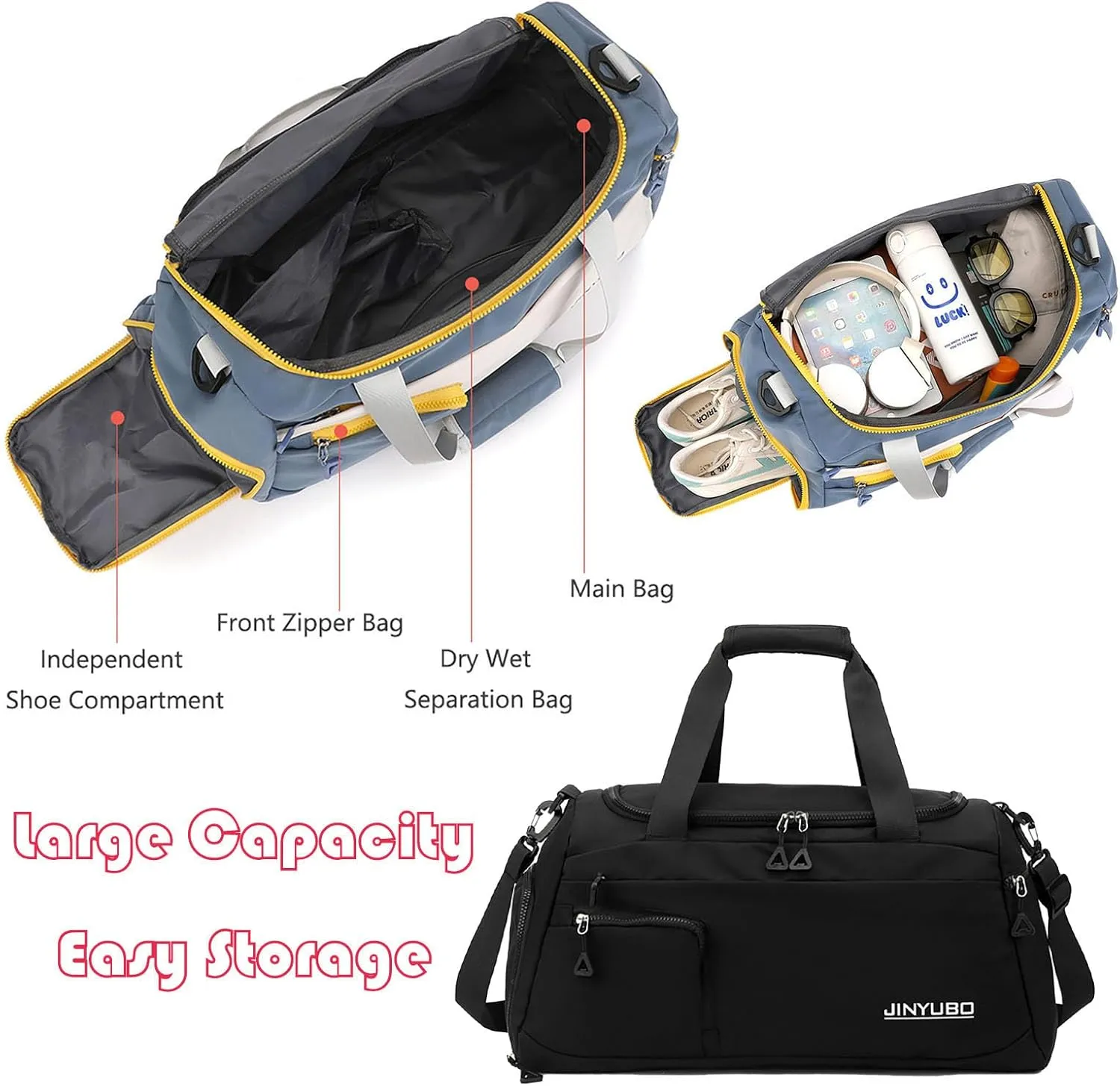 Weekender Overnight Bag Travel Duffel Bag with Independent Shoe Compartment Carry On Sports Tote Gym Bag for Women Men (Black)