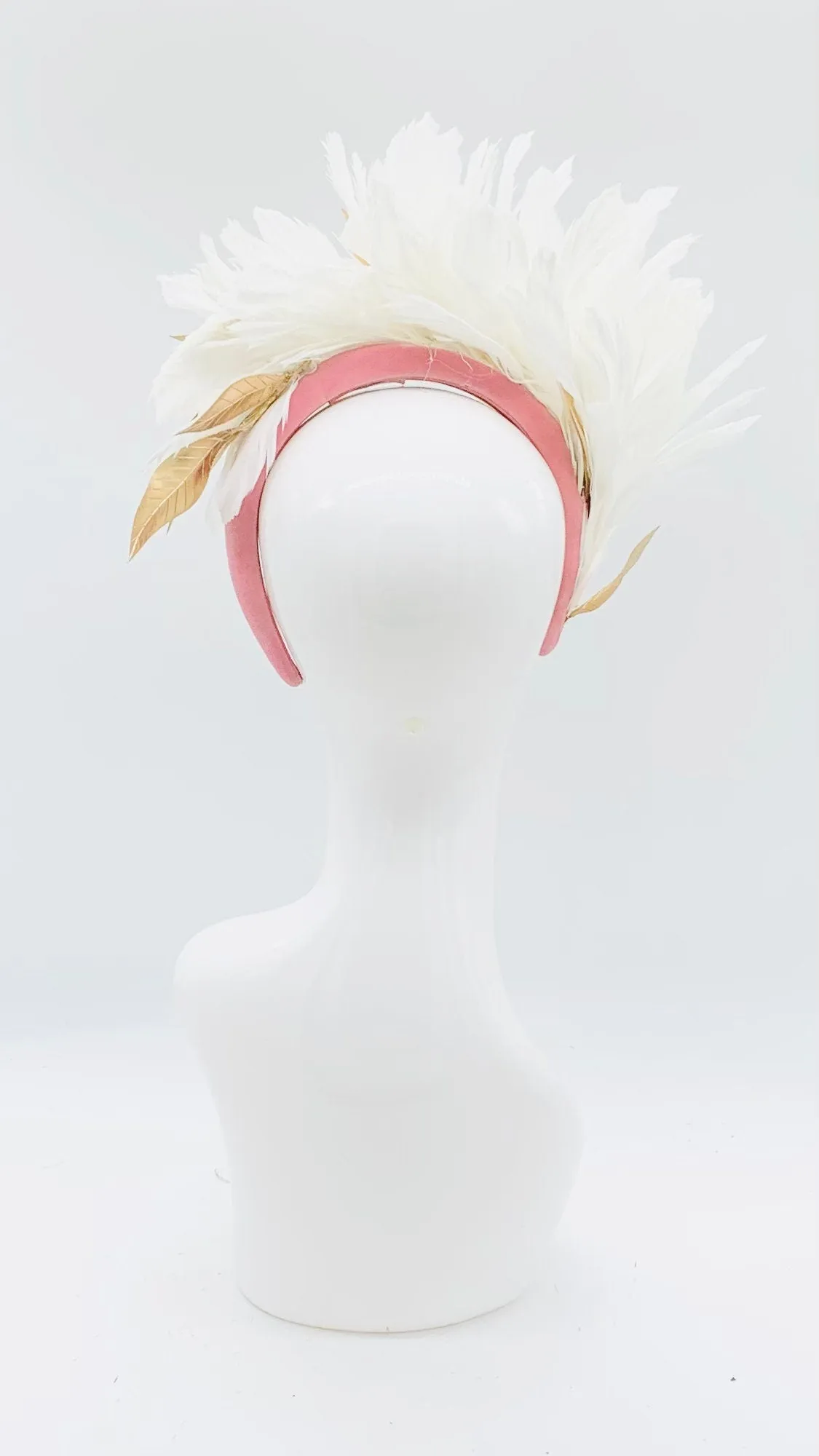 White, gold and mauve pink Kentucky Derby Floral Feather Fascinator, Derby Hat Alternative (SIVLER LINE)