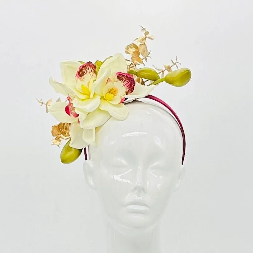 White, green, and cranberry Kentucky Derby Fascinator, Derby Hat alternative (SILVER LINE)