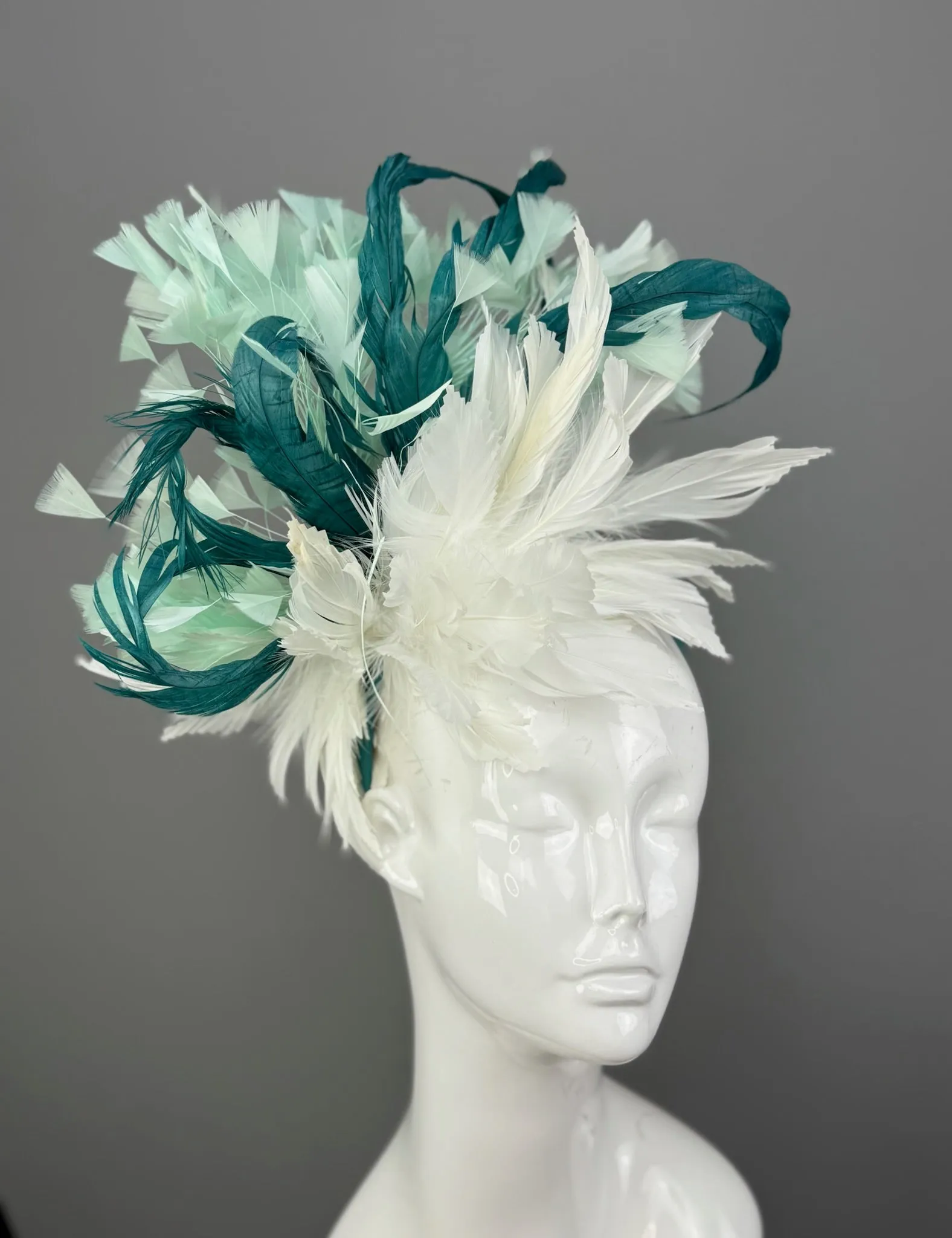 White, Mint and Teal Kentucky Derby fascinator, Derby Hat Alternative (GOLD LINE)