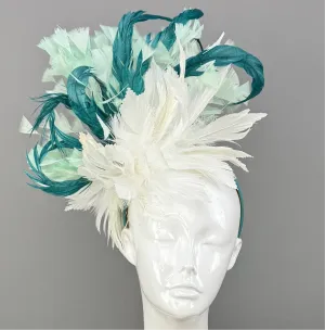 White, Mint and Teal Kentucky Derby fascinator, Derby Hat Alternative (GOLD LINE)