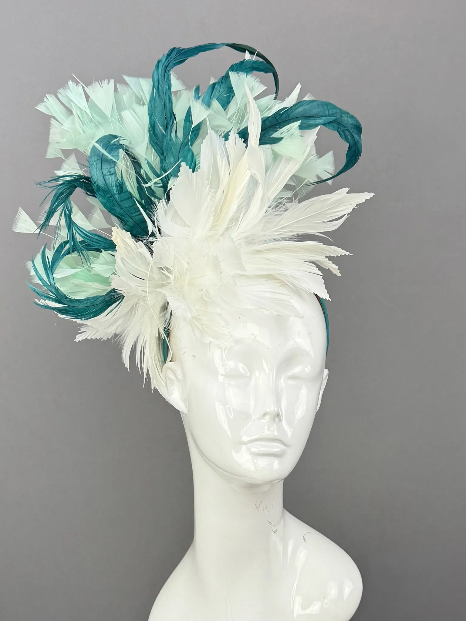 White, Mint and Teal Kentucky Derby fascinator, Derby Hat Alternative (GOLD LINE)